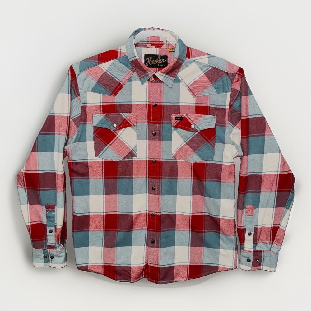 Howler Brothers Mens S Plaid Metal Snap Western Shirt Red Blue Cream